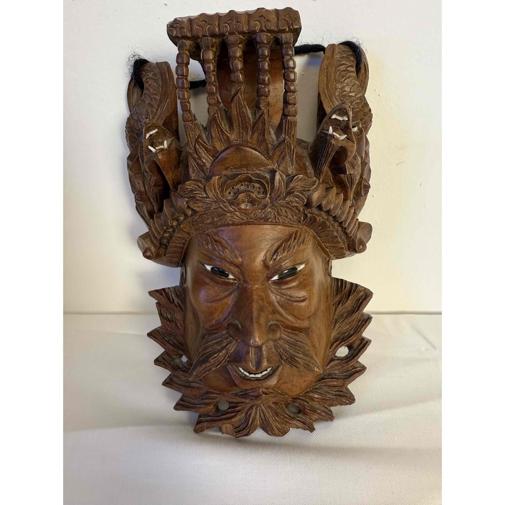 Vintage Chinese Asian Wooden Intricate Carved Decorative Mask With Dragons